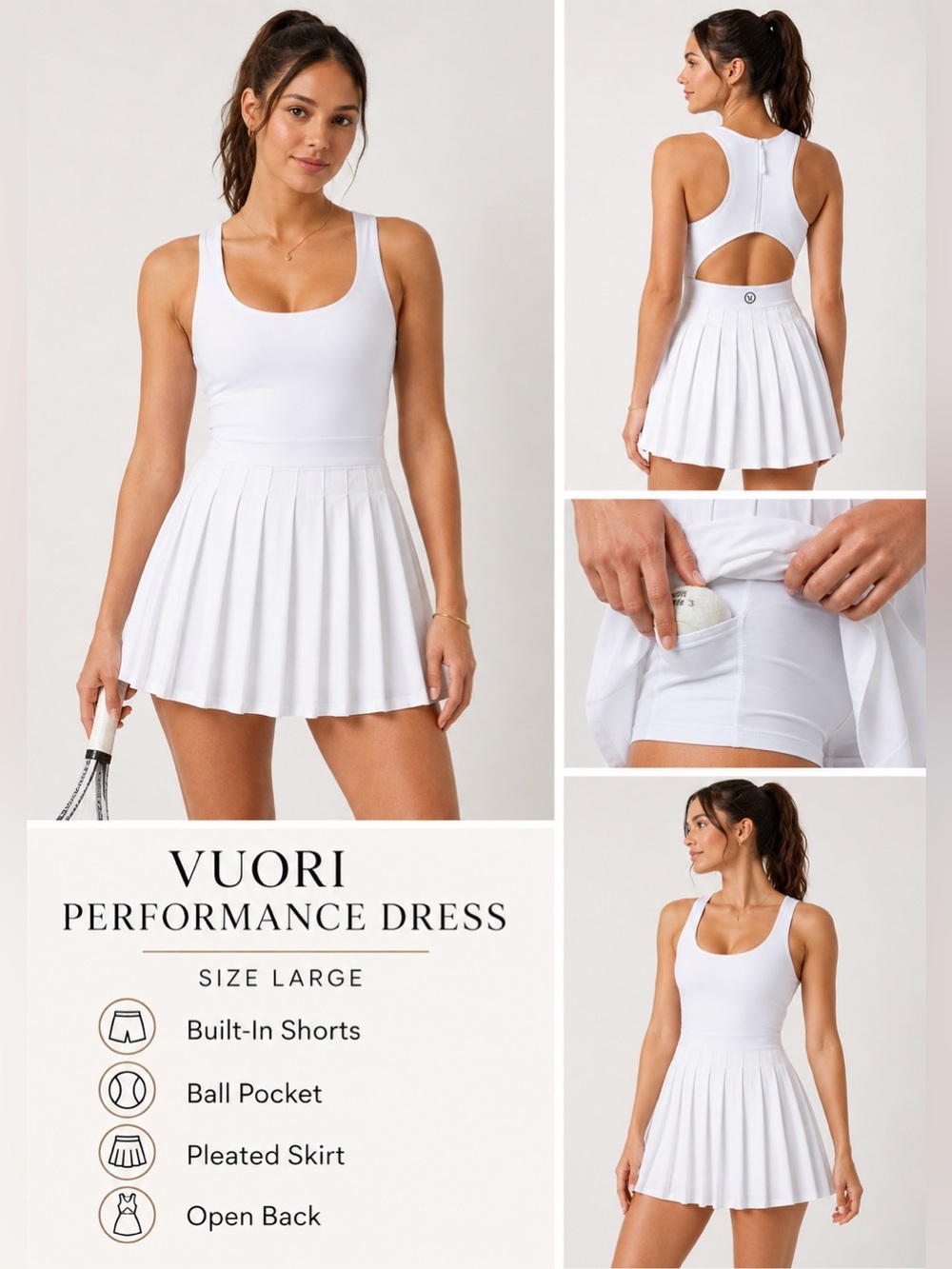Vuori Performance Tennis Dress White Open Back Built-In Shorts Size Large DL1